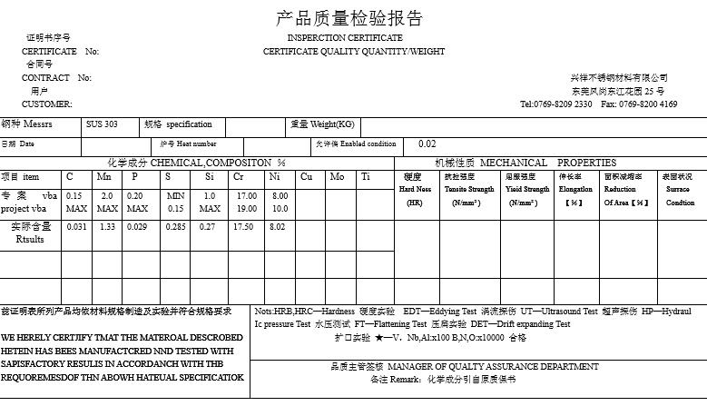 303不鏽鋼材質檢測報告書